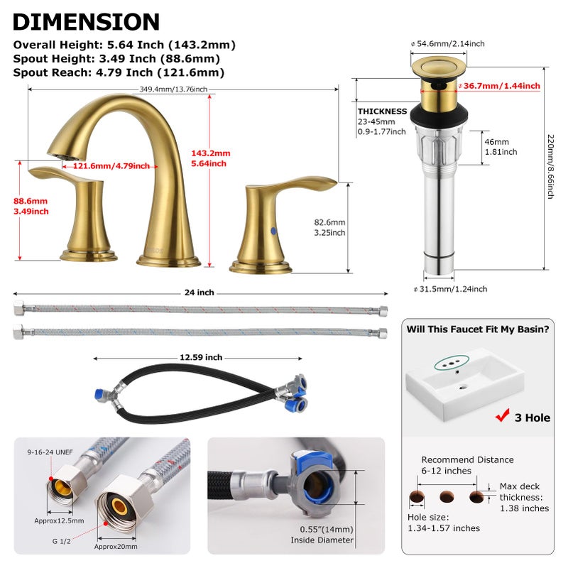 PARLOS Widespread Bathroom Faucet 2 Handles with Pop Up Sink Drain and cUPC Faucet Supply Lines, Brushed Gold, Demeter 1364708 - Image 5